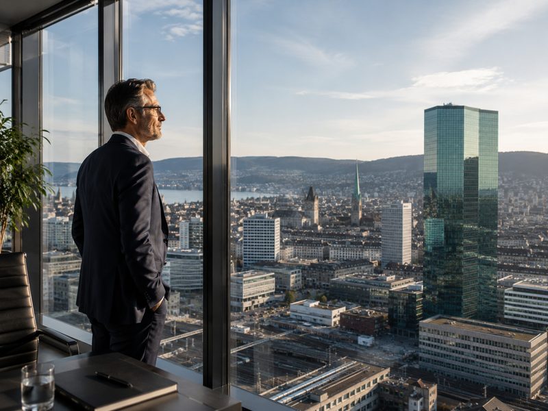 Führungsperson mit Blick über die Stadt aus einem modernen Büro